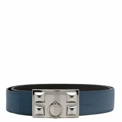 Hermes Herme`s Blue Collier De Chien Leather Strap Buckle Belt 85 CM For Women