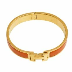 Hermes Hermès Clic H Orange Enamel Gold Plated Narrow Bracelet PM For Women -Deals Hermes Store luxury women hermes used accessories p561645 002
