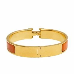 Hermes Hermès Clic H Orange Enamel Gold Plated Narrow Bracelet PM For Women -Deals Hermes Store luxury women hermes used accessories p561645 004