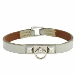 Hermes Hermès Grey Leather Palladium Plated Micro Rivale Bracelet M For Women