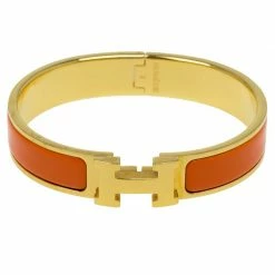 Hermes Clic Clac H Orange Enamel Gold-Plated Bracelet PM For Women