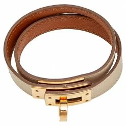 Hermes Beige Leather Gold Plated Kelly Double Tour Bracelet For Women -Deals Hermes Store luxury women hermes used accessories p566530 004