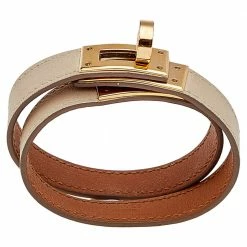 Hermes Beige Leather Gold Plated Kelly Double Tour Bracelet For Women -Deals Hermes Store luxury women hermes used accessories p566530 006
