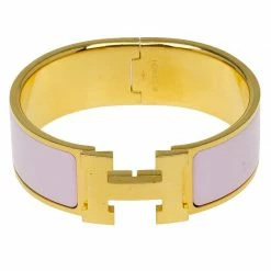Hermes Clic Clac H Wide Pink Enamel Gold-Plated Bracelet For Women