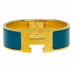 Hermes Clic Clac H Wide Duck Blue Enamel Gold-Plated Bracelet PM For Women -Deals Hermes Store luxury women hermes used accessories p56840 003