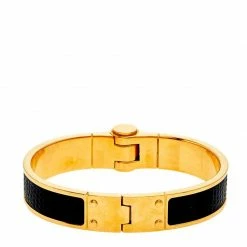 Hermes Hermès Black Lizard Leather Gold Plated Narrow Hinged Bracelet For Women