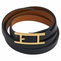 Hermes Hermès Black Leather Gold Plated Hapi 4 Quad Tour Bracelet M For Women -Deals Hermes Store luxury women hermes used accessories p570686 004