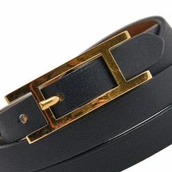 Hermes Hermès Black Leather Gold Plated Hapi 4 Quad Tour Bracelet M For Women -Deals Hermes Store luxury women hermes used accessories p570686 005
