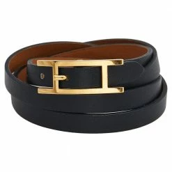 Hermes Hermès Black Leather Gold Plated Hapi 4 Quad Tour Bracelet M For Women