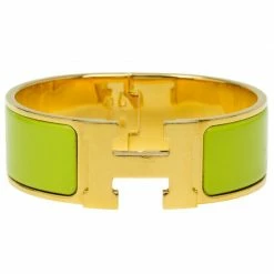 Hermes Clic Clac H Wide Green Enamel Gold Plated Bracelet For Women