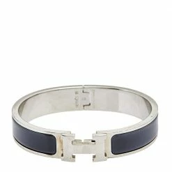 Hermes Clic H Narrow Grey Enamel Palladium Plated Bracelet PM For Women