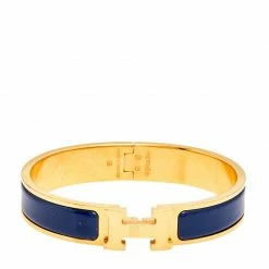 Hermes Clic H Gold Plated Blue Enamel Cuff Bracelet PM For Women