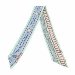 Hermes Green & Blue Chain Print Silk Twilly For Women -Deals Hermes Store luxury women hermes used accessories p574598 004