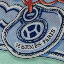 Hermes Green & Blue Chain Print Silk Twilly For Women -Deals Hermes Store luxury women hermes used accessories p574598 005