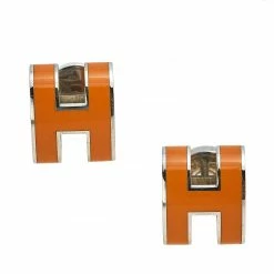 Hermes Hermès Pop H Orange Lacquered Palladium Plated Stud Earrings For Women -Deals Hermes Store luxury women hermes used accessories p574667 001