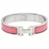 Hermes Hermès Clic H Palladium Plated Pink Enamel Narrow Bracelet For Women
