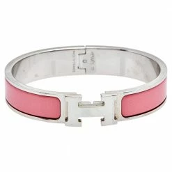 Hermes Hermès Clic H Palladium Plated Pink Enamel Narrow Bracelet For Women