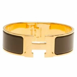 Hermes Clic Clac H Wide Brown Enamel Gold Plated Bracelet For Women
