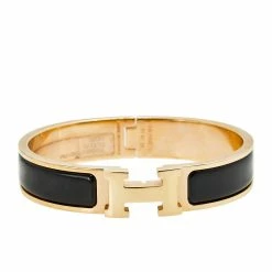 Hermes Clic H Gold Plate Black Enamel Cuff Bracelet PM For Women