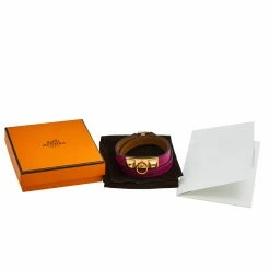 Hermes Rivale Double Tour Gold Tone Metal Pink Leather Bracelet T3 For Women -Deals Hermes Store luxury women hermes used accessories p577439 001