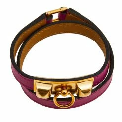 Hermes Rivale Double Tour Gold Tone Metal Pink Leather Bracelet T3 For Women -Deals Hermes Store luxury women hermes used accessories p577439 002