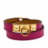 Hermes Rivale Double Tour Gold Tone Metal Pink Leather Bracelet T3 For Women -Deals Hermes Store luxury women hermes used accessories p577439 003