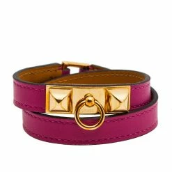 Hermes Rivale Double Tour Gold Tone Metal Pink Leather Bracelet T3 For Women