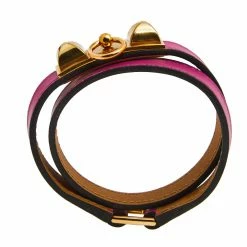 Hermes Rivale Double Tour Gold Tone Metal Pink Leather Bracelet T3 For Women -Deals Hermes Store luxury women hermes used accessories p577439 004
