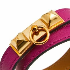 Hermes Rivale Double Tour Gold Tone Metal Pink Leather Bracelet T3 For Women -Deals Hermes Store luxury women hermes used accessories p577439 006