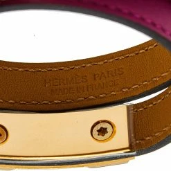 Hermes Rivale Double Tour Gold Tone Metal Pink Leather Bracelet T3 For Women -Deals Hermes Store luxury women hermes used accessories p577439 007