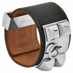 Hermes Blue Leather Lizard Collier De Chien Wide Bracelet For Women -Deals Hermes Store luxury women hermes used accessories p580412 018