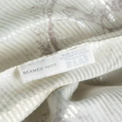 Hermes Hermés Silver Logo Printed Lurex Cotton Triangular Fringed Scarf For Women -Deals Hermes Store luxury women hermes used accessories p582721 001