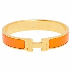 Hermes Hermès Clic H Orange Enamel Gold Plated Narrow Bracelet M For Women