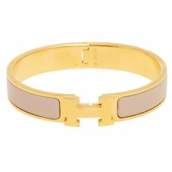 Hermes Hermès Clic H Beige Enamel Gold Plated Narrow Bracelet For Women