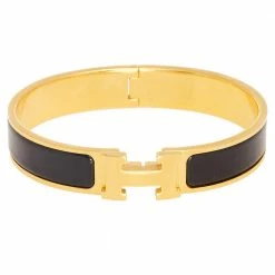 Hermes Clic H Gold Plated Black Enamel Cuff Bracelet PM For Women
