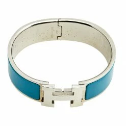 Hermes Hermès Clic Clac H Blue Enamel Palladium Plated Wide Bracelet For Women -Deals Hermes Store luxury women hermes used accessories p585181 002