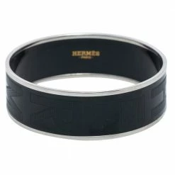 Hermes Black Logo Printed Enamel Palladium Plated Bangle Bracelet For Women