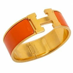 Hermes Hermès Clic Clac H Orange Enamel Gold Plated Wide Bracelet For Women -Deals Hermes Store luxury women hermes used accessories p585547 003