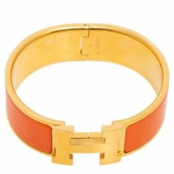 Hermes Hermès Clic Clac H Orange Enamel Gold Plated Wide Bracelet For Women -Deals Hermes Store luxury women hermes used accessories p585547 004