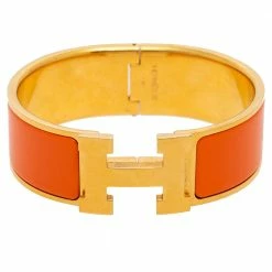 Hermes Hermès Clic Clac H Orange Enamel Gold Plated Wide Bracelet For Women