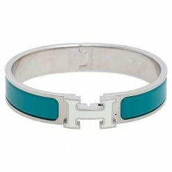 Hermes Blue Enamel Palladium Plated Clic H Bracelet For Women