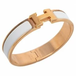 Hermes White Enamel Gold Plated Clic H Bracelet For Women -Deals Hermes Store luxury women hermes used accessories p585551 003