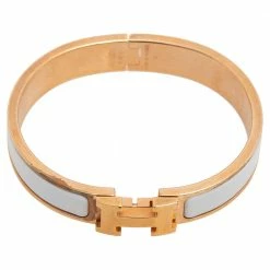 Hermes White Enamel Gold Plated Clic H Bracelet For Women -Deals Hermes Store luxury women hermes used accessories p585551 004