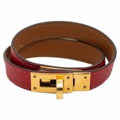 Hermes Red Epsom Leather Gold Plated Double Wrap Kelly Bracelet For Women