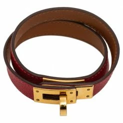 Hermes Red Epsom Leather Gold Plated Double Wrap Kelly Bracelet For Women -Deals Hermes Store luxury women hermes used accessories p585559 002
