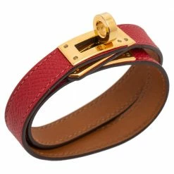 Hermes Red Epsom Leather Gold Plated Double Wrap Kelly Bracelet For Women -Deals Hermes Store luxury women hermes used accessories p585559 007
