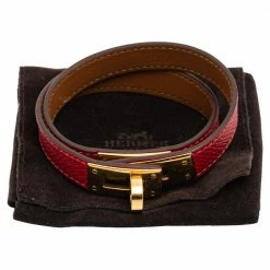 Hermes Red Epsom Leather Gold Plated Double Wrap Kelly Bracelet For Women -Deals Hermes Store luxury women hermes used accessories p585559 011