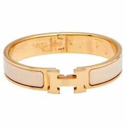 Hermes Hermès Clic H Cream Enamel Rose Gold Plated Narrow Bracelet For Women