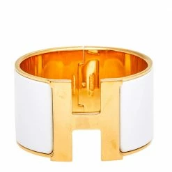 Hermes Hermès Clic Clac H White Enamel Gold Plated Extra Wide Bracelet For Women