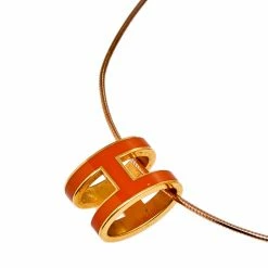 Hermes Hermès Rose Gold Plated Omega Chain Orange Lacquer Pop H Pendant Necklace For Women -Deals Hermes Store luxury women hermes used accessories p589436 005